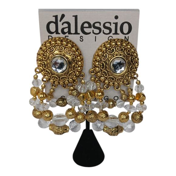 D’Alessio Design Clear & Gold Statement Clip-On Earrings – NOS - Picture 4 of 7